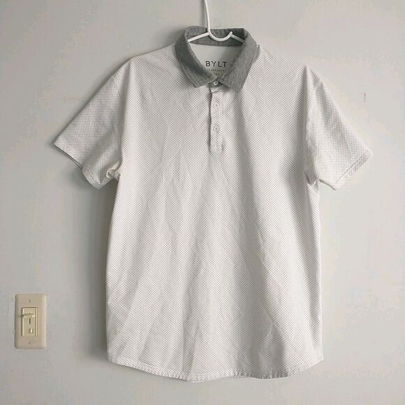 BYLT Drop Cut Short Sleeve Polo Shirt Mens L White Gray Swiss Dots Stretch - Picture 1 of 7